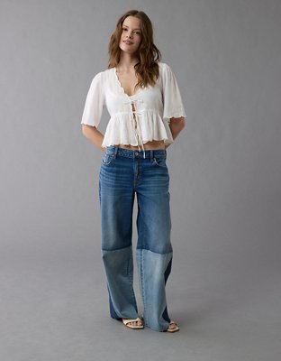 AE Embroidered Tie Front V-Neck Blouse