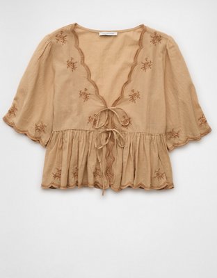 AE Embroidered Tie Front V-Neck Blouse
