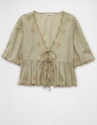 AE Embroidered Tie Front V-Neck Blouse