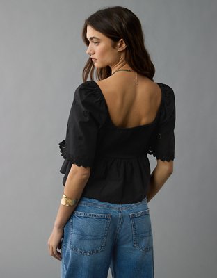AE Blusa Estilo Babydoll con Mangas con Ondas y Ojales
