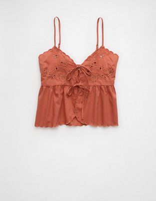 AE Tie Front Embroidered Tank Top