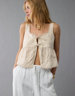 Ruffle Lace Up Front Cami Top Mariasole Light Blue Floral Lace Tie