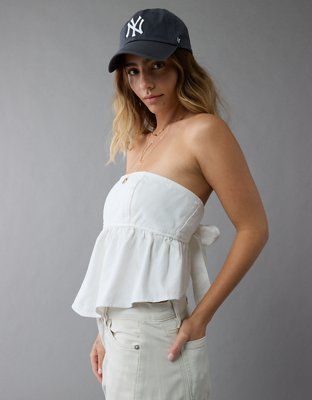 AE Denim Strapless Tie Back Babydoll Top