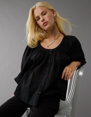 AE Long-Sleeve Open Neck Blouse