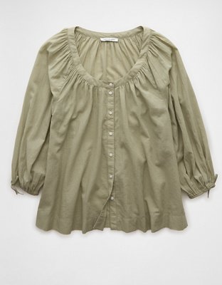 AE Long-Sleeve Open Neck Blouse