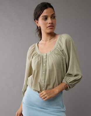 AE Long-Sleeve Open Neck Blouse