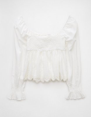 AE Long-Sleeve Smocked Babydoll Blouse
