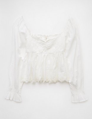 AE Long-Sleeve Smocked Babydoll Blouse