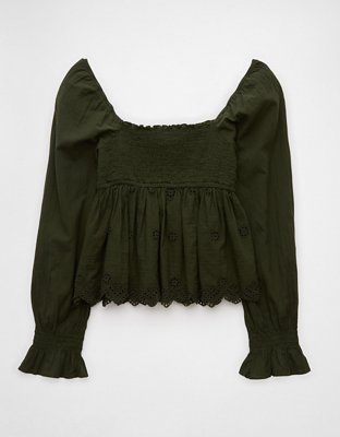 AE Long-Sleeve Smocked Babydoll Blouse