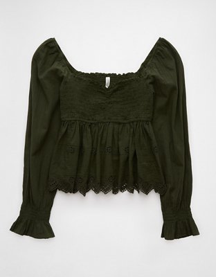 AE Long-Sleeve Smocked Babydoll Blouse