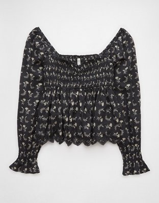 AE Long-Sleeve Smocked Babydoll Blouse