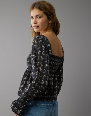 AE Long-Sleeve Smocked Babydoll Blouse