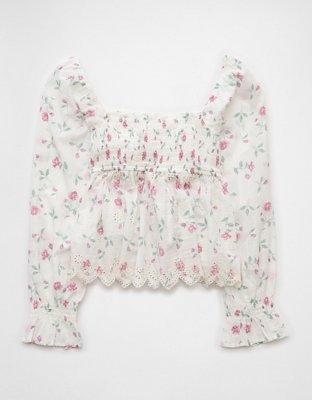 AE Blusa Estilo Babydoll Manga Larga con Bordado con Nido de Abeja