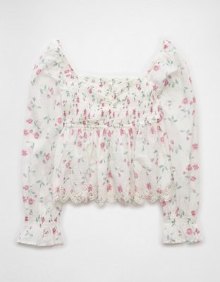 AE Blusa Estilo Babydoll Manga Larga con Bordado con Nido de Abeja