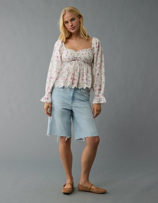 AE Blusa Estilo Babydoll Manga Larga con Bordado con Nido de Abeja