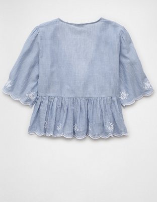 AE Embroidered Tie Front V-Neck Blouse