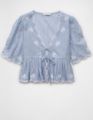 AE Embroidered Tie Front V-Neck Blouse