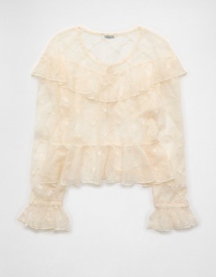 AE Embroidered Tie-Front Mesh Blouse