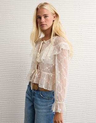 AE Embroidered Tie-Front Mesh Blouse