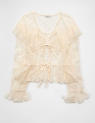 AE Embroidered Tie-Front Mesh Blouse