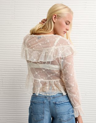 AE Embroidered Tie-Front Mesh Blouse