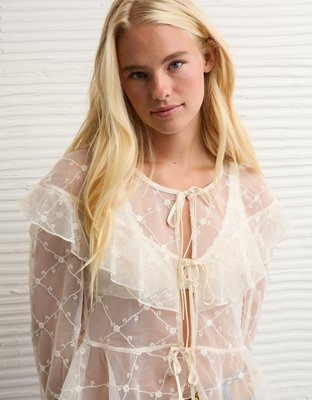 AE Embroidered Tie-Front Mesh Blouse