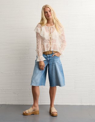 AE Embroidered Tie-Front Mesh Blouse