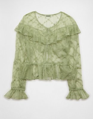 AE Embroidered Tie-Front Mesh Blouse