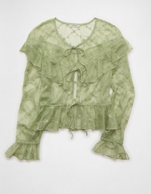 AE Embroidered Tie-Front Mesh Blouse