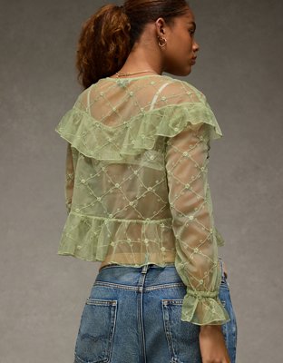 AE Embroidered Tie-Front Mesh Blouse