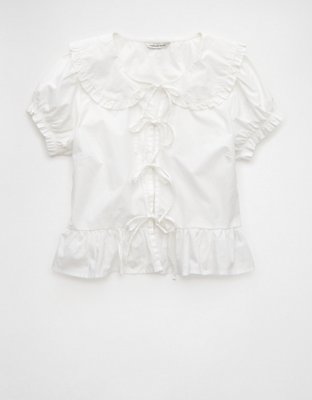 AE Collared Puff Sleeve Tie Front Blouse