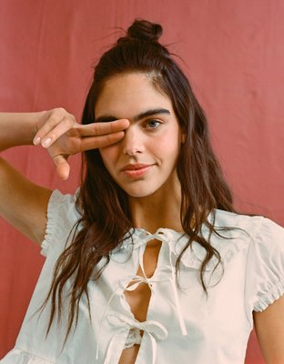 AE Collared Puff Sleeve Tie Front Blouse