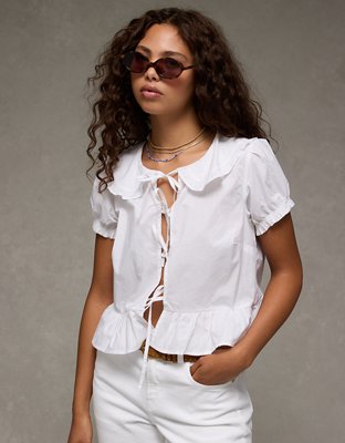 AE Collared Puff Sleeve Tie Front Blouse