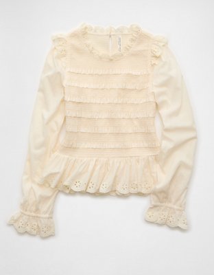 AE Long Sleeve Smocked Babydoll Blouse