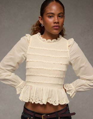 AE Long Sleeve Smocked Babydoll Blouse