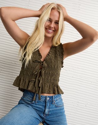 AE Tie-Front Smocked Tank Top