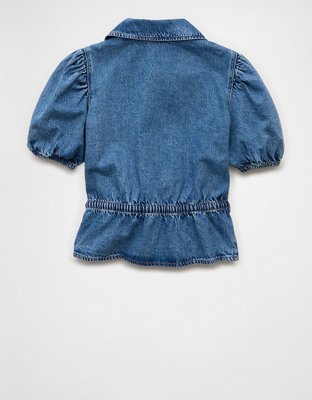 AE Denim Collared Puff Sleeve Tie Front Shirt