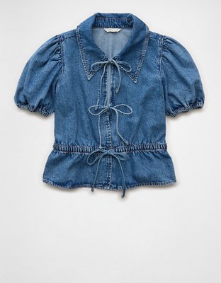 AE Denim Collared Puff Sleeve Tie Front Shirt