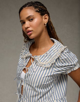 AE Collared Puff Sleeve Tie Front Blouse