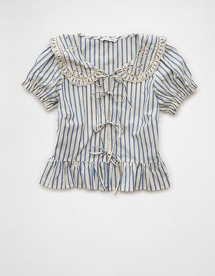 AE Collared Puff Sleeve Tie Front Blouse