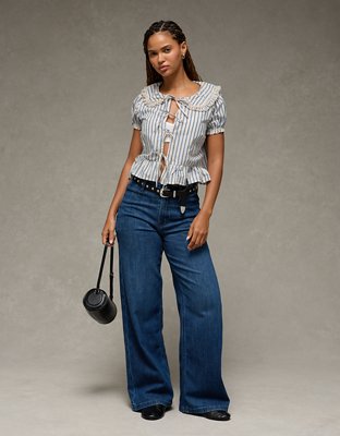 AE Collared Puff Sleeve Tie Front Blouse