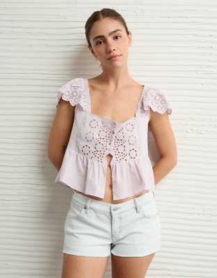 AE Blusa de mangas casquillo con ojales