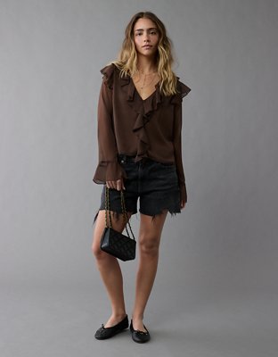 Blouse à volants à manches cape flottantes en chiffon AE