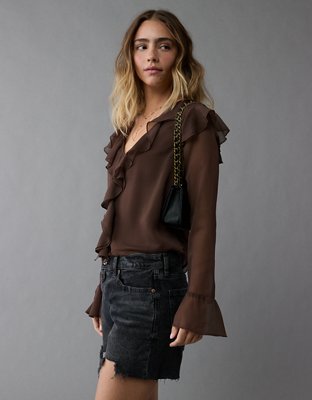 Blouse à volants à manches cape flottantes en chiffon AE