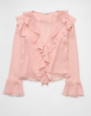 AE Chiffon Bell Sleeve Ruffle Blouse