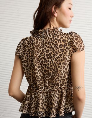 AE V-Neck Chiffon Leopard Babydoll Blouse