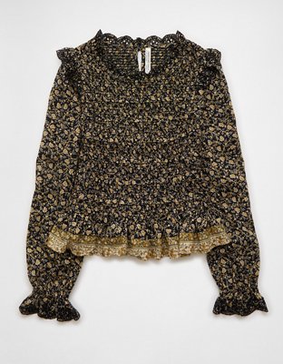 AE Long Sleeve Smocked Babydoll Blouse