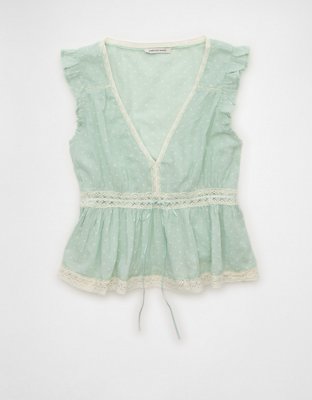 AE Lace Trim Flutter Sleeve Blouse