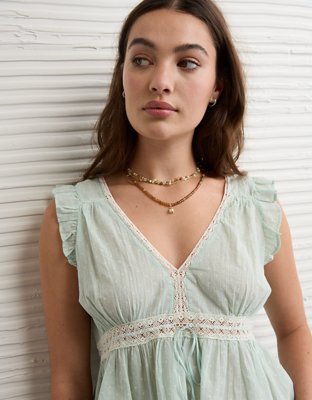 AE Lace Trim Flutter Sleeve Blouse