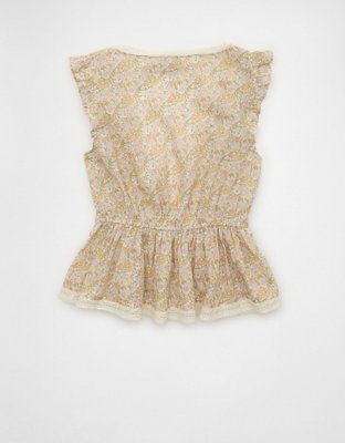 AE Lace Trim Flutter Sleeve Blouse